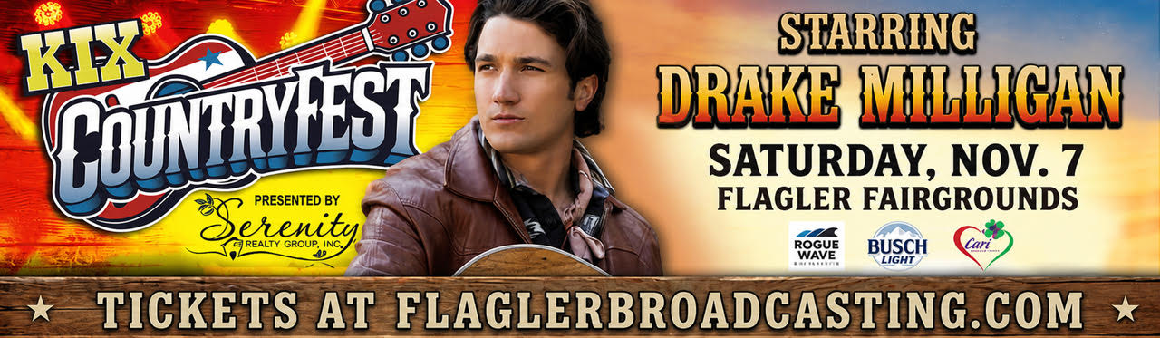 KIX Country Fest 2026, Saturday Nov 7 at Flagler Fairgrounds, starring Drake Milligan. Get tickets.